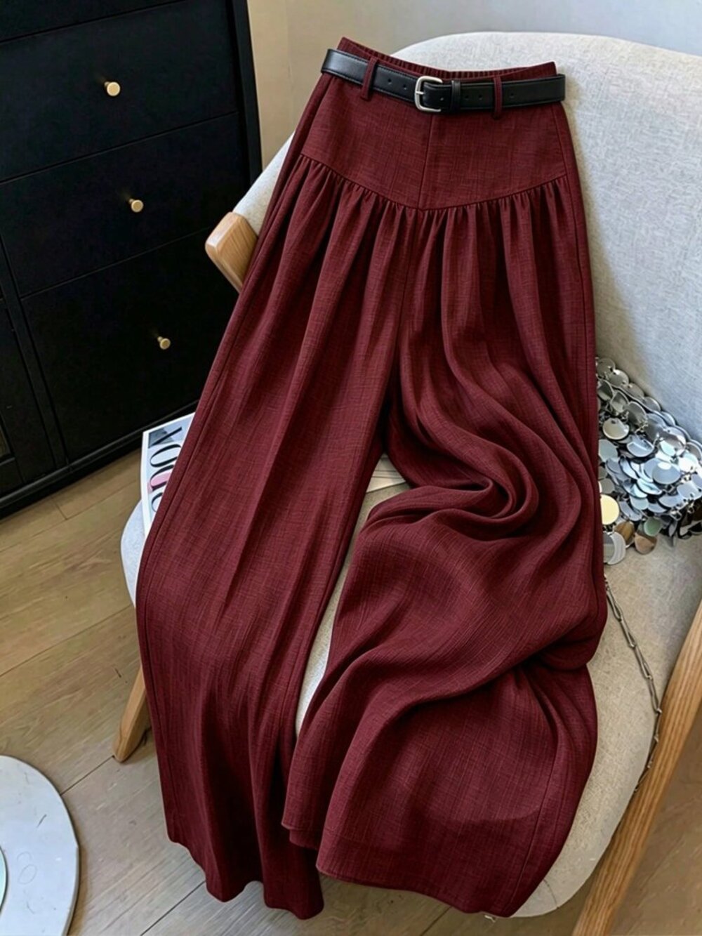 Burgundy Casual Women's Slimming Draped Wide Leg Pants - Picture 2 of 6
